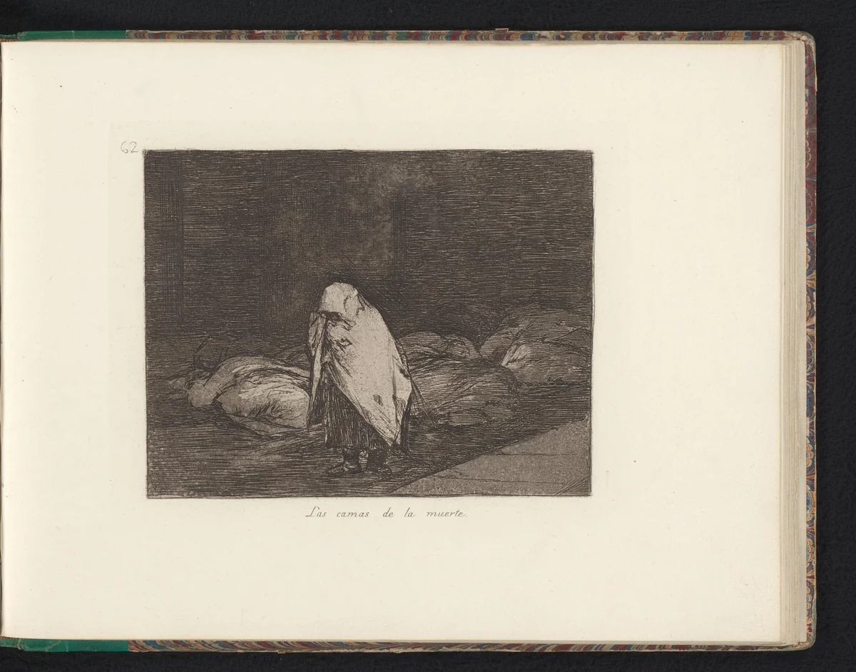 Vrouw in een mantel gehuld in een duistere ruimte met gevulde lijkzakken by Francisco de Goya, book, 1810-1820