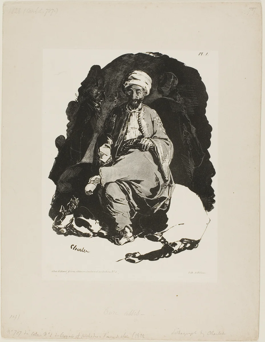 Seated Turk, plate one from Ink Sketches by Charlet by Nicolas Toussaint Charlet, print, 1828