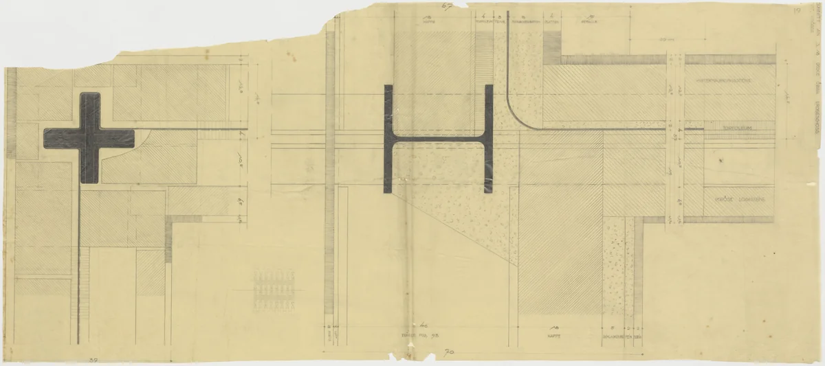 Tugendhat House, Brno, Czech Republic (Dining-room terrace, travertine pavement. Waterproofing. Detail section.) by Ludwig Mies van der Rohe, mies van der rohe archive, 1928
