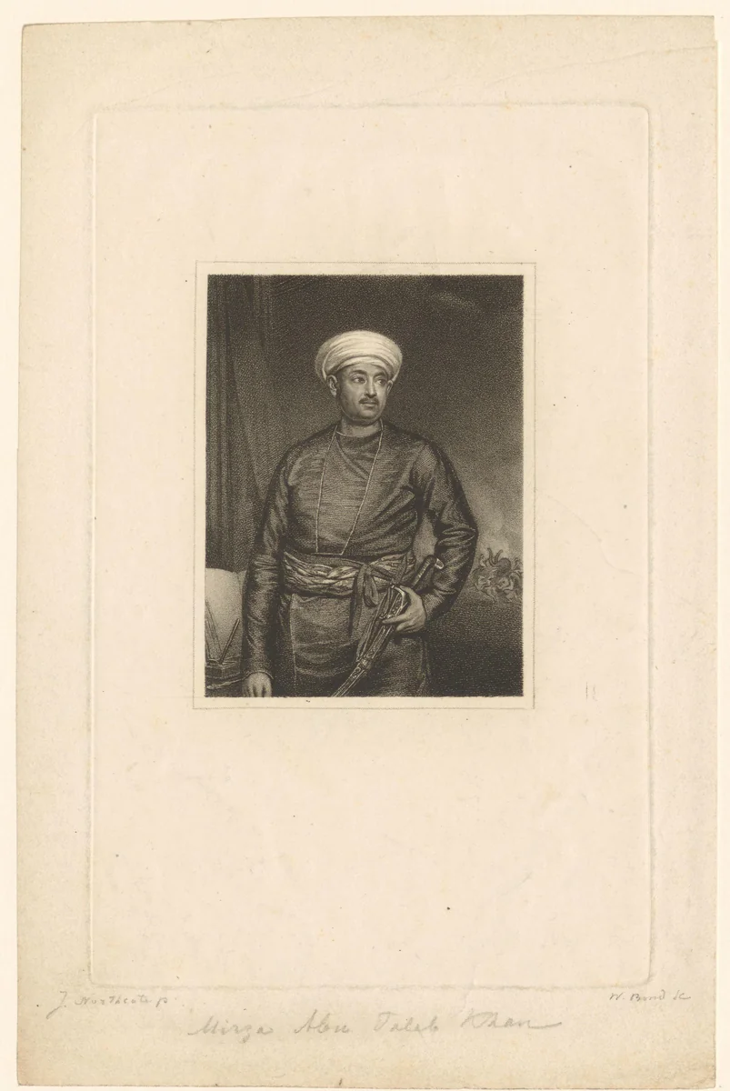 Portret van Mirza Abu Taleb Khan by William Bond, print, 1810