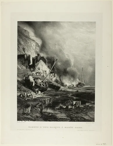Repair of a Ship at Low Tide, plate four from Six Marines by Eugène Isabey, print, 1833