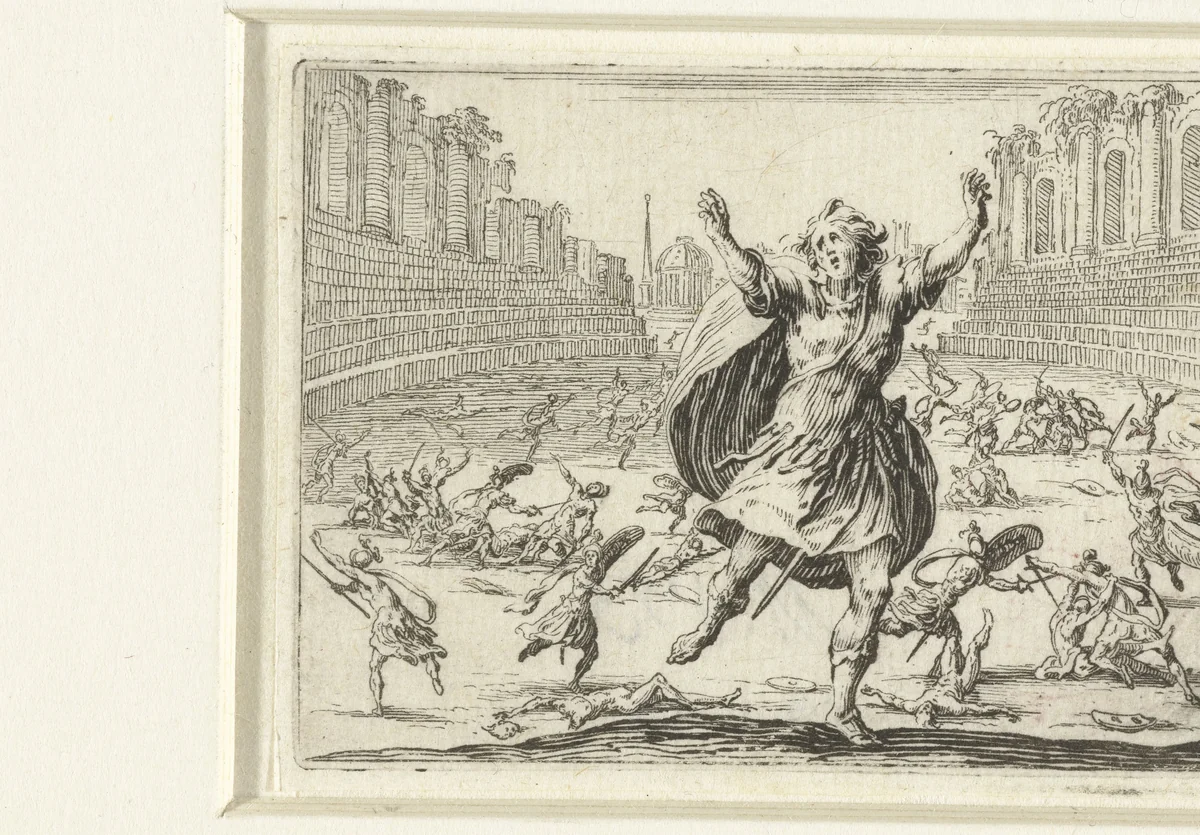 Strijder in paniek bij gevecht in amfitheater by Jacques Callot, print, 1621