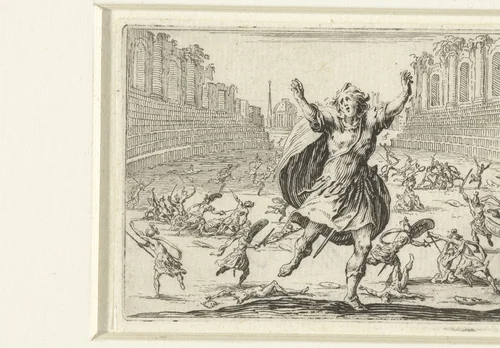Strijder in paniek bij gevecht in amfitheater by Jacques Callot, print, 1621