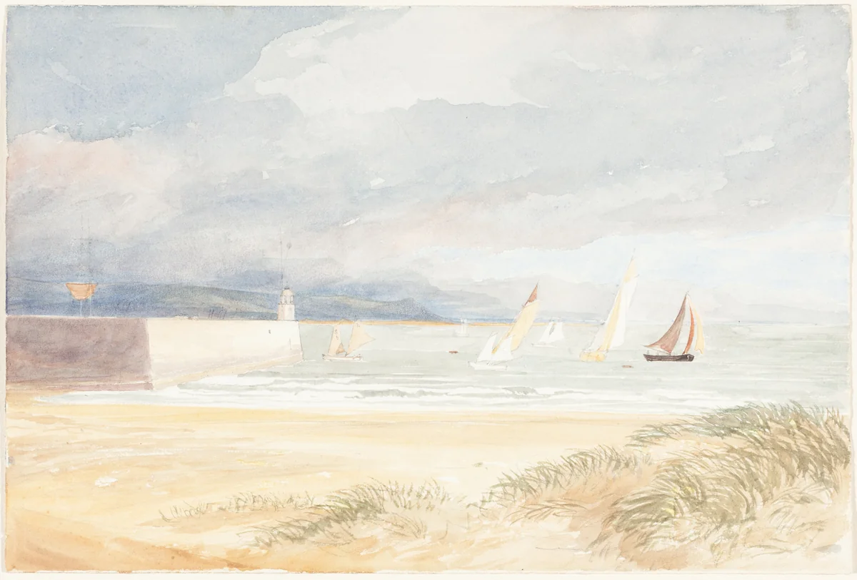 Shore Scene with Sailboats (Portland, Dorset?) by James Bulwer, drawing, 1794-1874