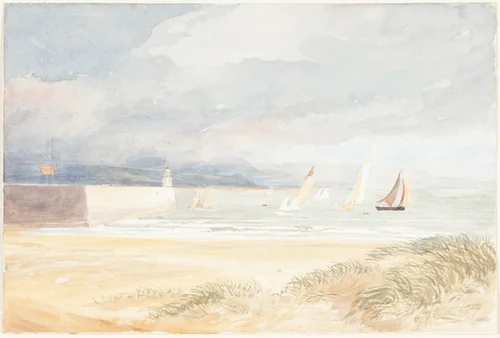 Shore Scene with Sailboats (Portland, Dorset?) by James Bulwer, drawing, 1794-1874