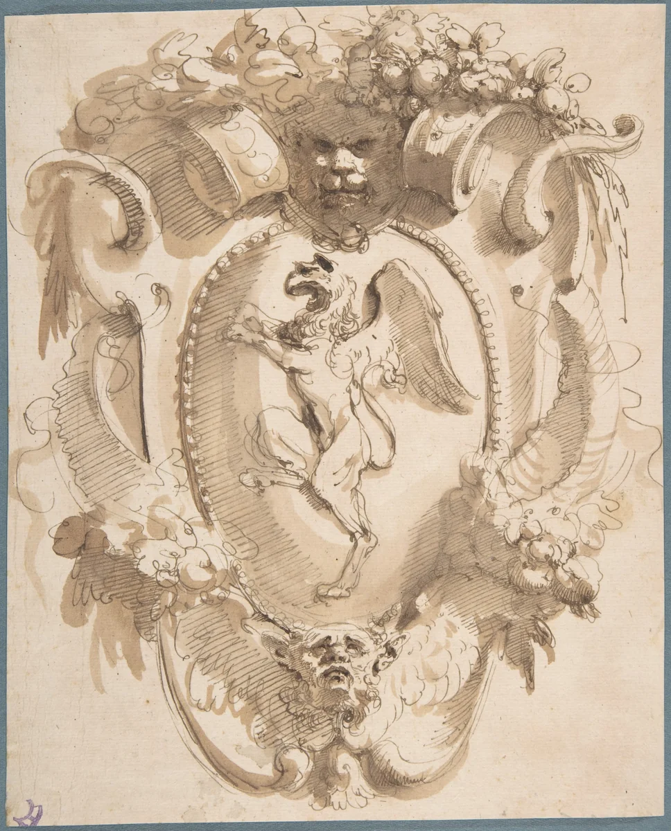 Design for a Cartouche with a Coat of Arms containing a Griffin by Carlo Bianconi, drawing, 1732-1802