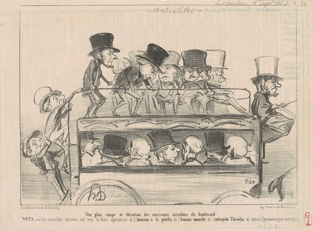 Vue ... et elévation des ... omnibus du boulevard ... by Honoré Daumier, print, 1853