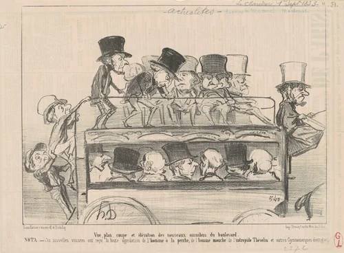 Vue ... et elévation des ... omnibus du boulevard ... by Honoré Daumier, print, 1853