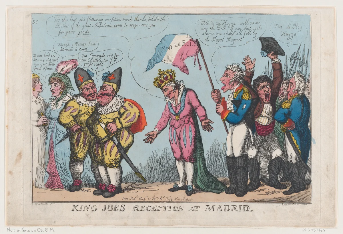 King Joe's Reception at Madrid by Thomas Rowlandson, print, 1808