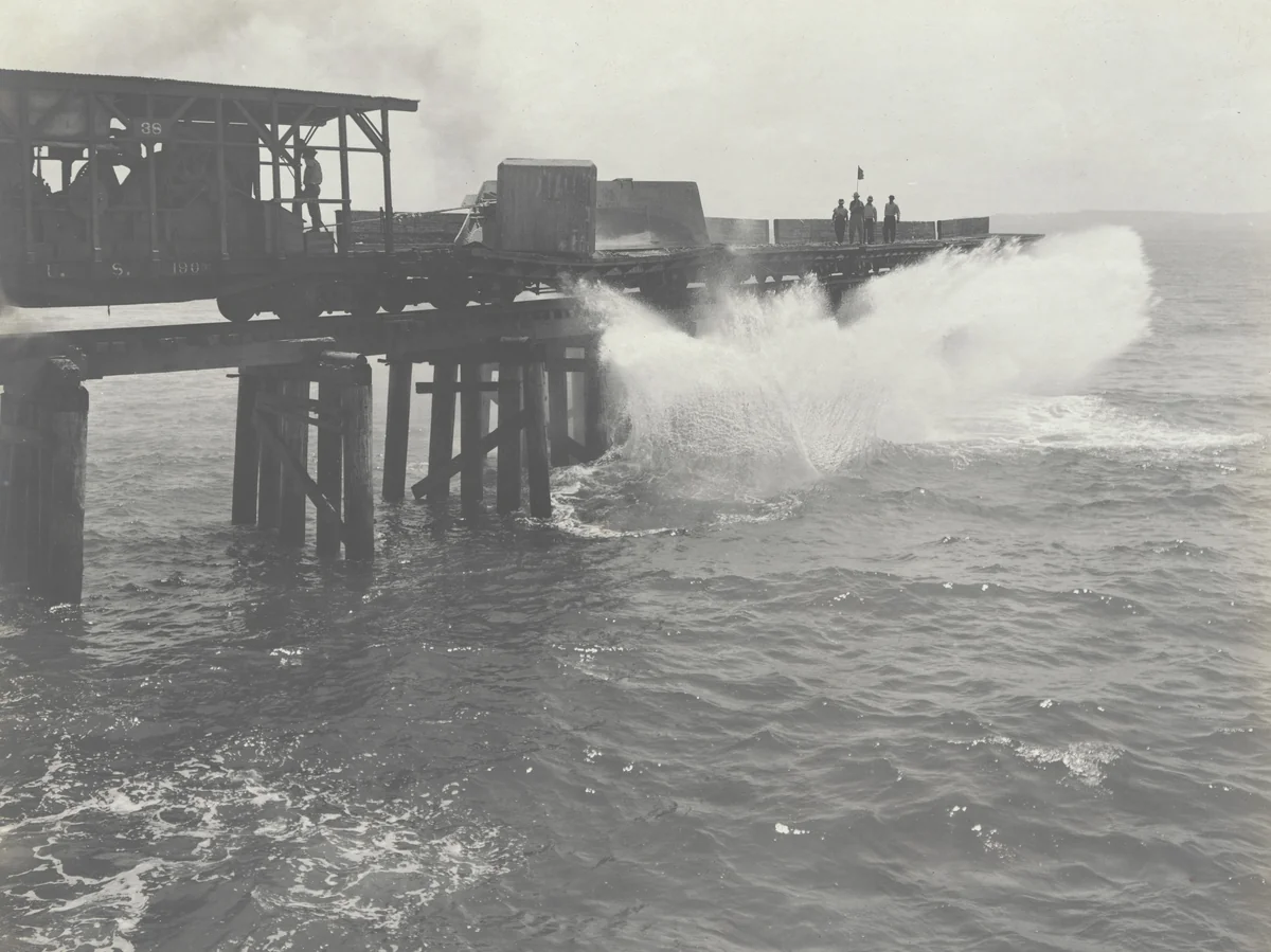 East Breakwater -- Limon Bay. Plowing 25 ton concrete blocks by Unidentified Photographer, photograph, 1916