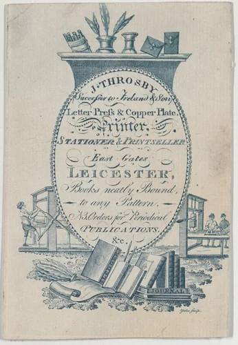 Trade Card for J. Throsby, printer, stationer and printseller by anonymous, print, 1700-1800