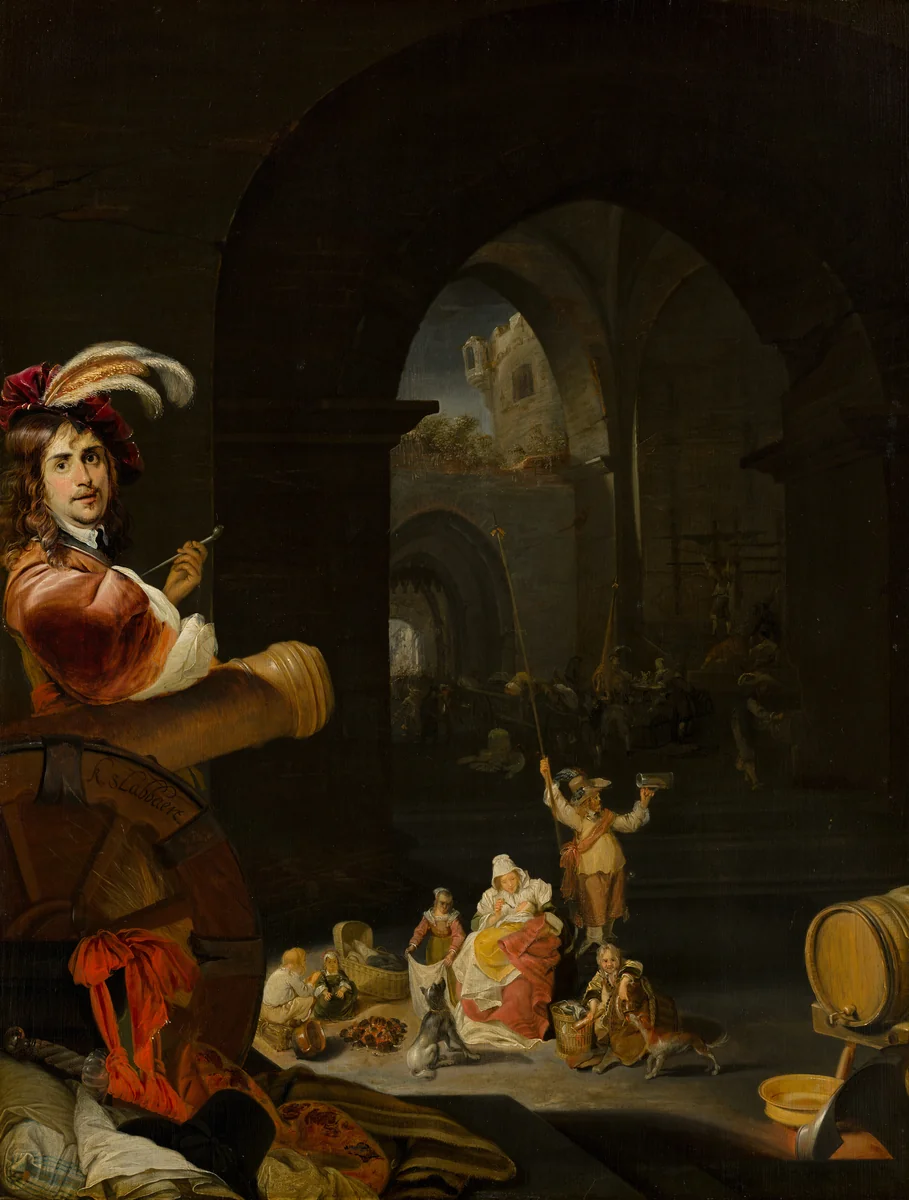 Soldiers and Other Figures among the Ruins of a Castle, with a Self-Portrait of the Artist in the Foreground by Karel Slabbaert, painting, 1650