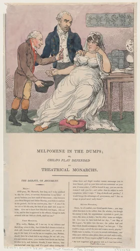 Melpomene in the Dumps, or Child's Play Defended by Theatrical Monarchs by Thomas Rowlandson, print, 1804