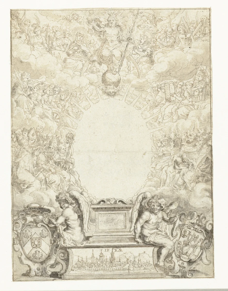 Ontwerp voor titelblad met Christus omringd door figuren by Pieter de Jode, drawing, 1580-1634