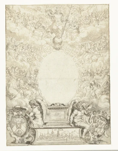 Ontwerp voor titelblad met Christus omringd door figuren by Pieter de Jode, drawing, 1580-1634