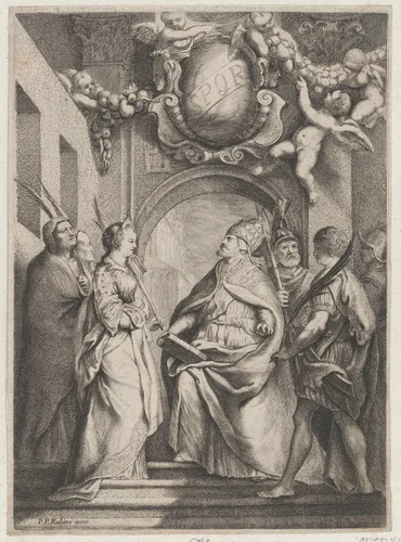 Saint Gregory surrounded by other saints, in front of an archway with putti holding garlands overhead by anonymous, print, 1695-1755