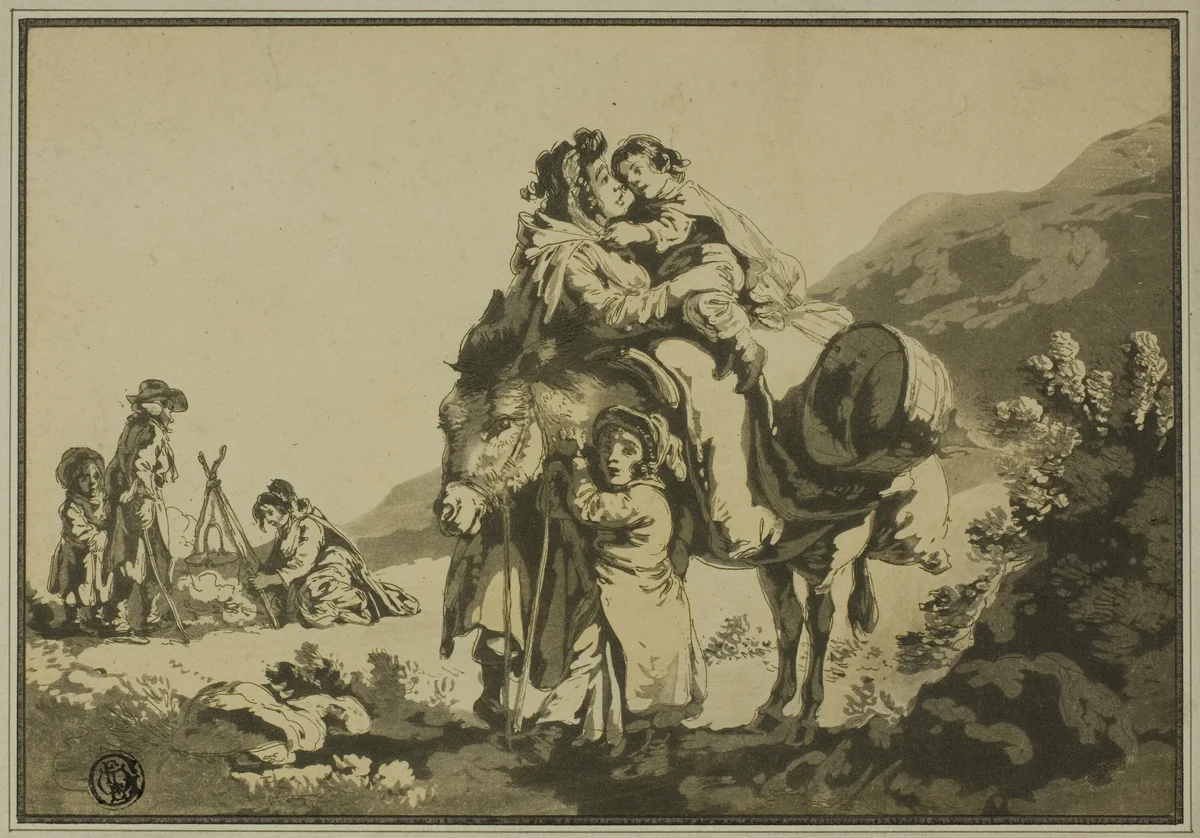 Family of Travelers Resting by Unknown Artist, print, 1700-1799