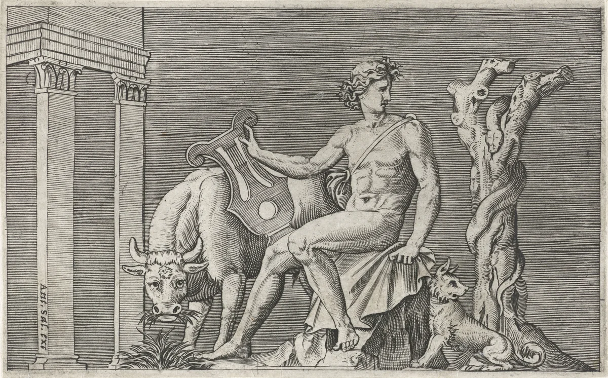 Apollo bewaakt de kudde van Admetus by Marcantonio Raimondi, print, 1510-1527