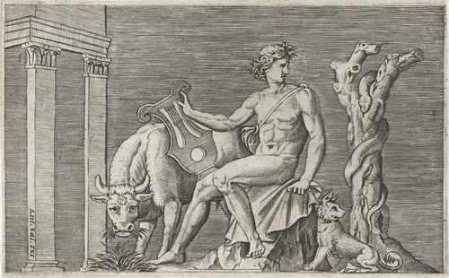 Apollo bewaakt de kudde van Admetus by Marcantonio Raimondi, print, 1510-1527