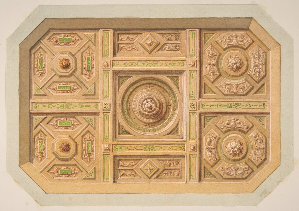 Design for a paneled ceiling with painted decoration by Jules-Edmond-Charles Lachaise, drawing, 1820-1897