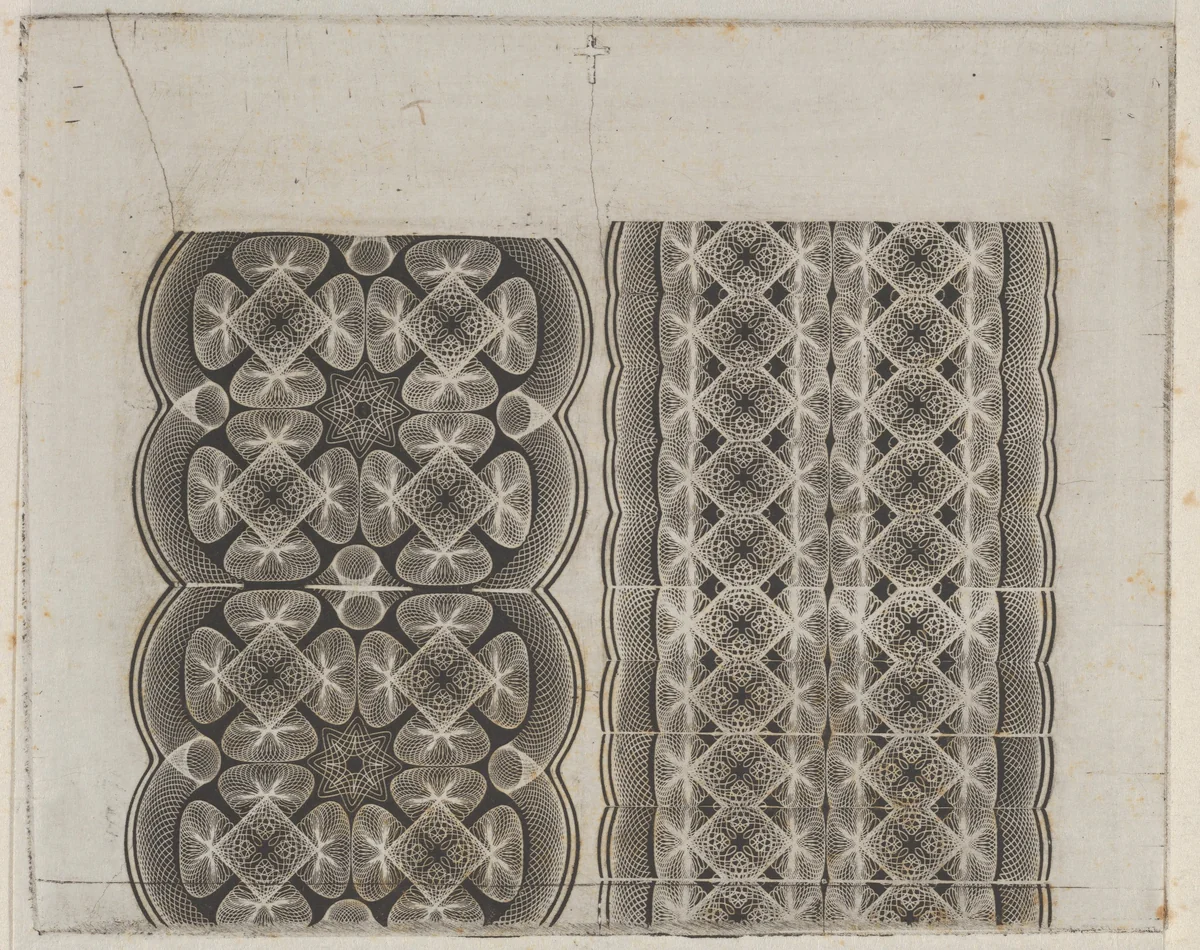 Banknote motifs: two bands of lace-like lathe work ornament by Cyrus Durand, print, 1819-1847
