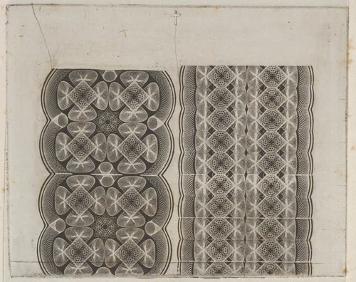Banknote motifs: two bands of lace-like lathe work ornament by Cyrus Durand, print, 1819-1847