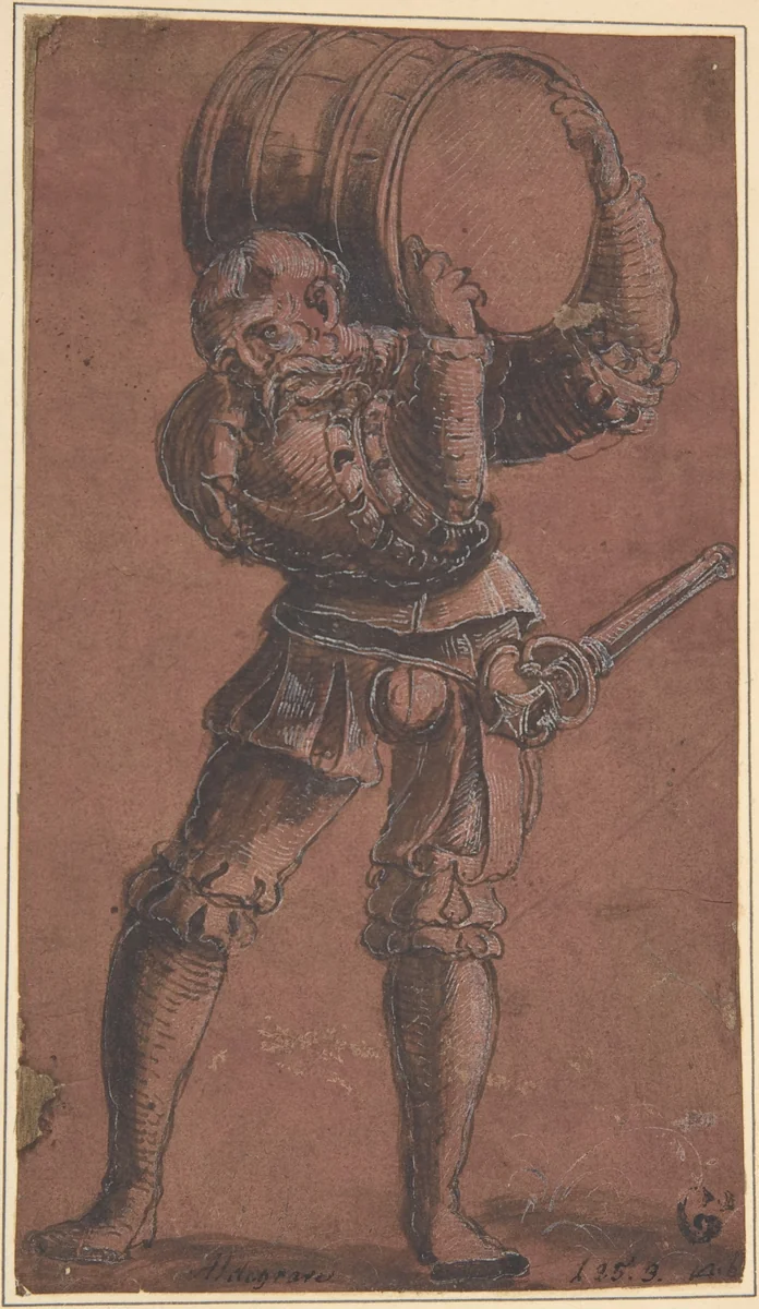 Landsknecht Carrying a Barrel by Georg Lemberger, drawing, 1490-1540