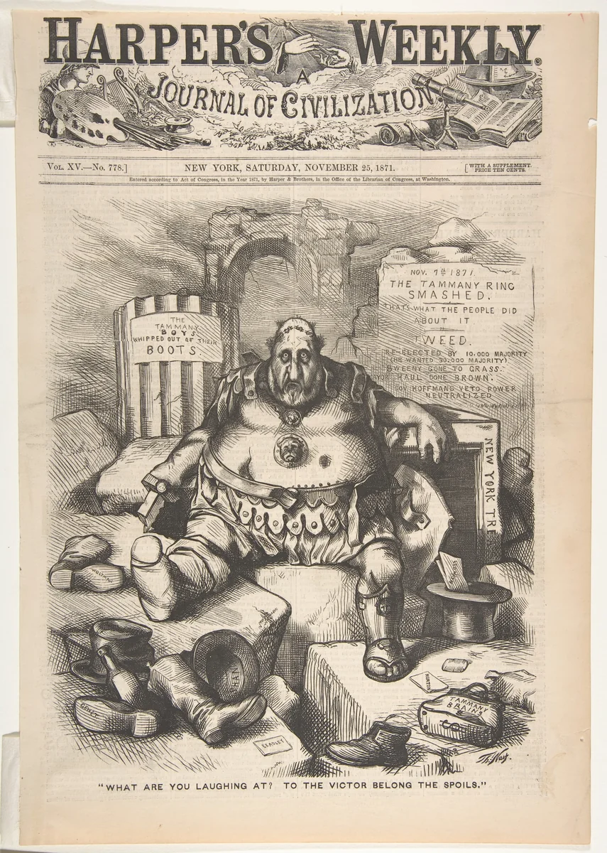 "What Are You Laughing At? To the Victor Belong the Spoils" (from "Harper's Weekly," vol. 15, p. 1097) by Thomas Nast, print, 1871