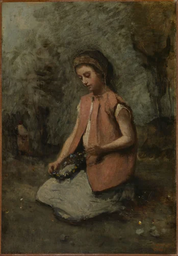 Girl Weaving a Garland by Camille Corot, painting, 1860-1865