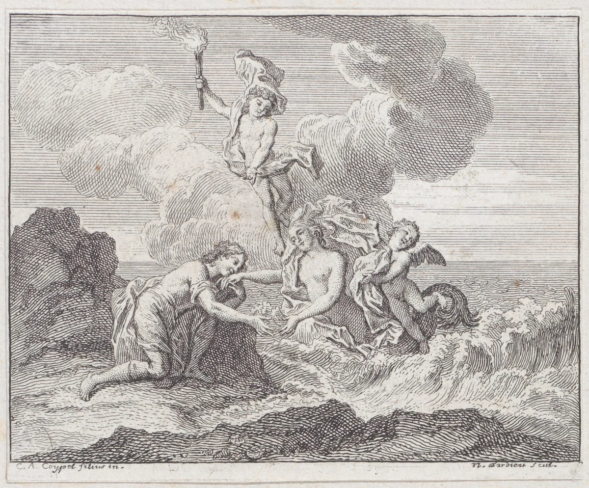 Book 2, Fable 17: the Man and the Siren (L'Homme et la Sirene), from "Fables Nouvelles" by Nicolas Henry Tardieu, print, 1719