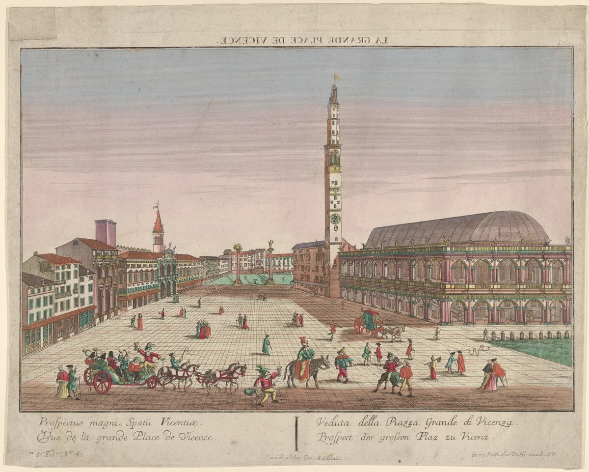 View of the Piazza dei Signori of Vicenza with horse-drawn carriages and figures walking in the square by Georg Balthasar Probst, print, 1750-1800