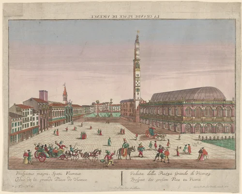 View of the Piazza dei Signori of Vicenza with horse-drawn carriages and figures walking in the square by Georg Balthasar Probst, print, 1750-1800