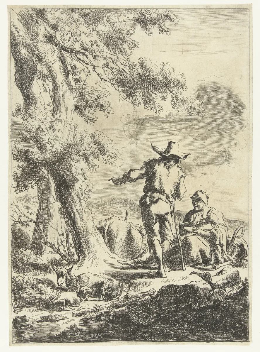 Herder in gesprek met herderin die haar kind de borst geeft by Nicolaes Pietersz Berchem, print, 1655-1683
