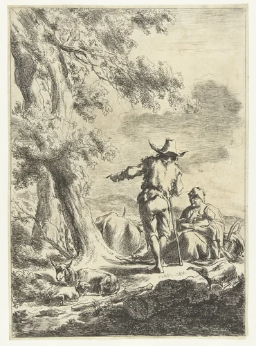 Herder in gesprek met herderin die haar kind de borst geeft by Nicolaes Pietersz Berchem, print, 1655-1683