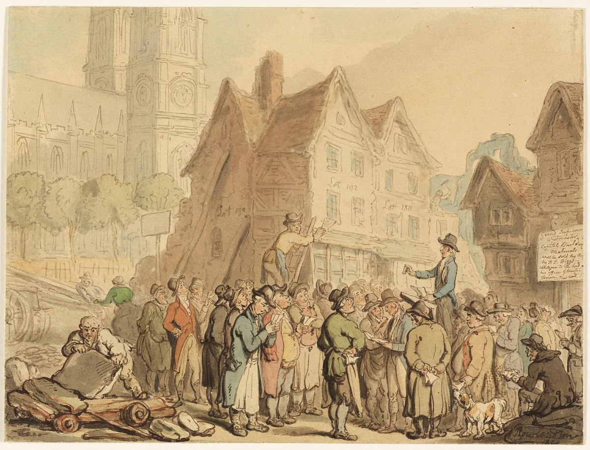 Demolition of Old Houses to the North of Westminster Abbey by Thomas Rowlandson, painting, 1800
