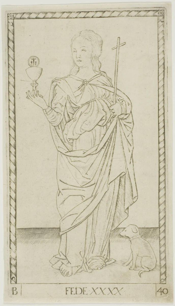 Faith plate 40 from Genii and Virtues by Master of the E-Series Tarocchi, print, 1460-1470