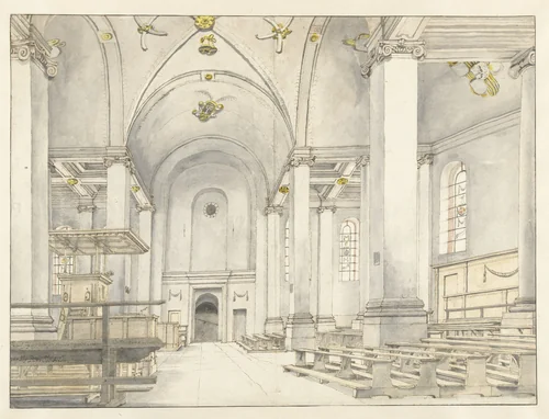 View of the Nave of the Nieuwe Kerk, Haarlem, Looking West by Pieter Jansz Saenredam, drawing, 1650