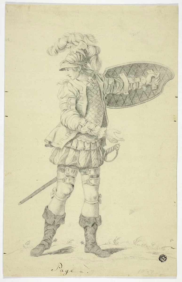 Standing Page with Shield and Sword by Unknown Artist, drawing, 1700-1799