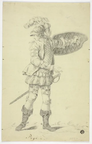 Standing Page with Shield and Sword by Unknown Artist, drawing, 1700-1799