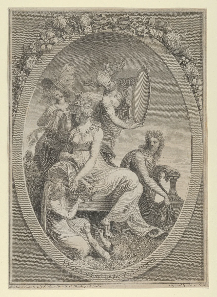 Flora Attired by the Elements (Frontispiece to The Economy of Vegetation, vol. I of Erasmus Darwin's The Botanic Garden) by Anker Smith, print, 1791