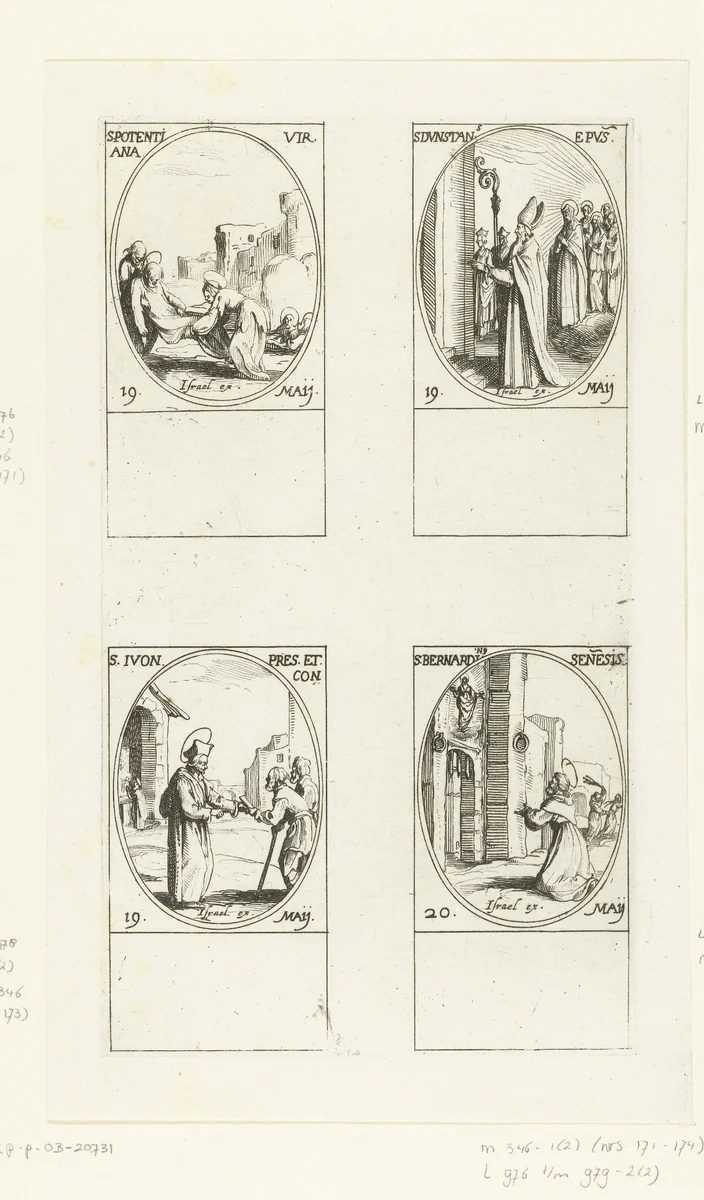 Heilige Pudentiana van Rome, Heilige Dunstan van Canterbury, Heilige Ivo Hélory van Kermartin, Heilige Bernardinus van Siena (19-20 mei) by Jacques Callot, print, 1632-1636