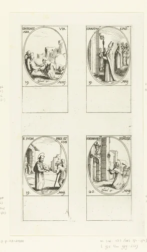 Heilige Pudentiana van Rome, Heilige Dunstan van Canterbury, Heilige Ivo Hélory van Kermartin, Heilige Bernardinus van Siena (19-20 mei) by Jacques Callot, print, 1632-1636