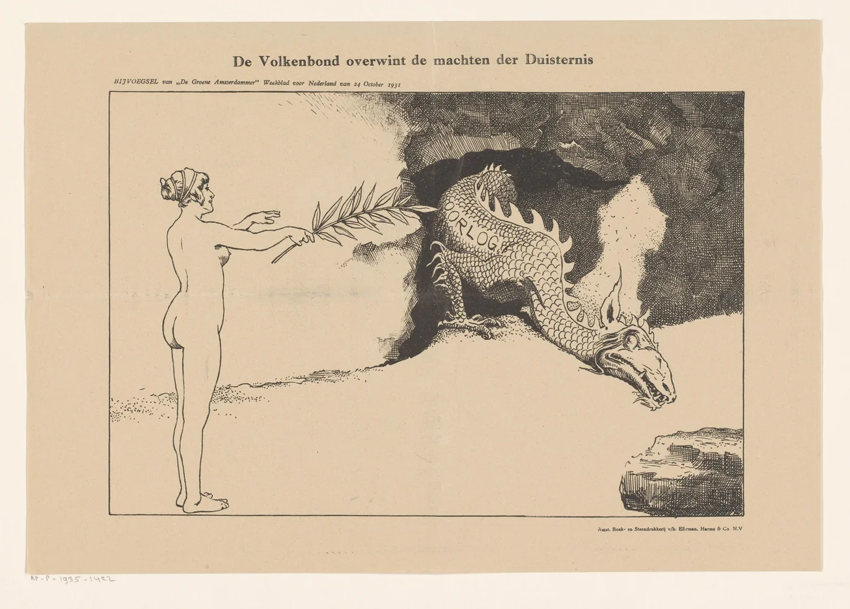 De Volkenbond overwint de machten der duisternis. Bijvoegsel van "De Groene Amsterdammer" by Johan Braakensiek, print, 1931-1935