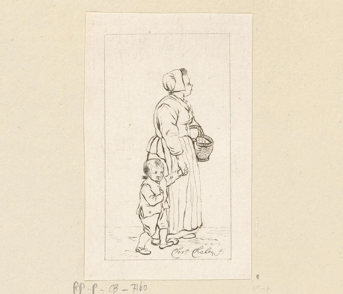 Staande vrouw met kind by Pieter de Mare, print, 1779