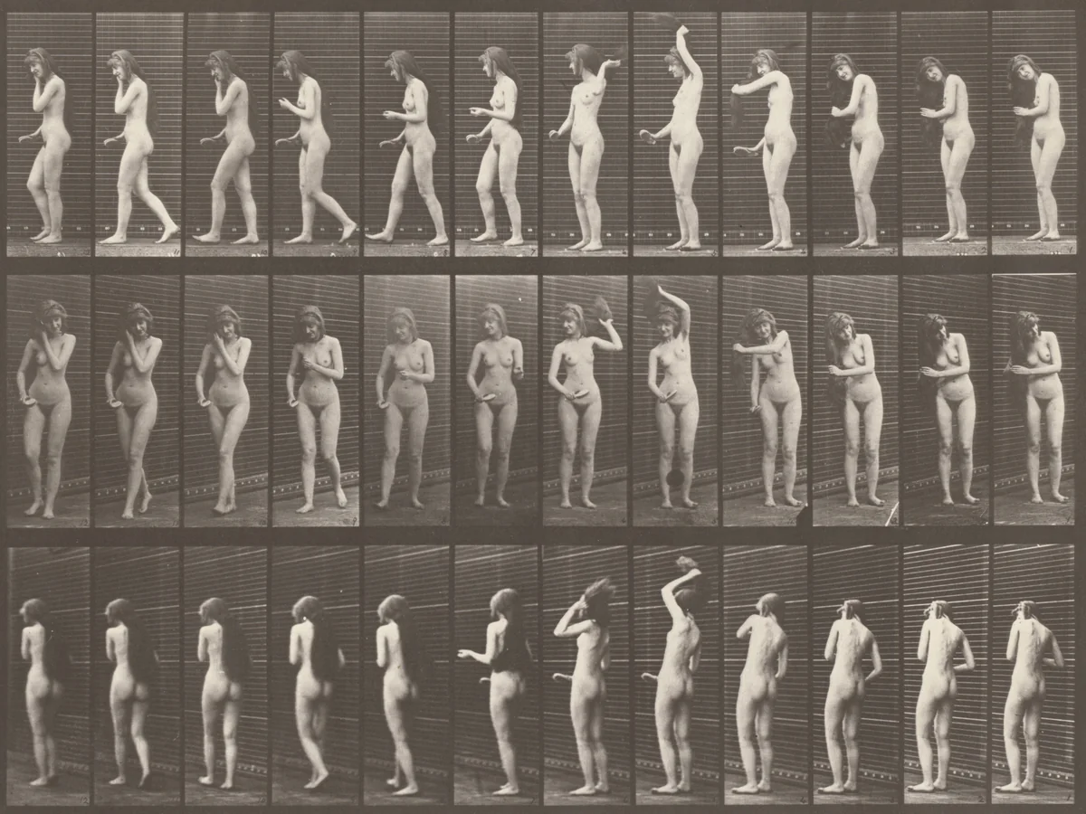 Plate Number 426. Toilet, brushing hair and walking off by Eadweard Muybridge, photograph, 1887