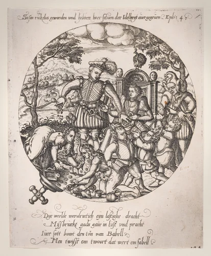 They have become foolhardy and have given themselves over to vanity (Ephesians 4:19), plate 2 from a series of Four Allegories of the Netherlands by anonymous, print, 1565-1577