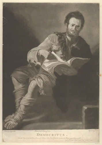 Democritus, seated, holding a book and looking towards the viewer by John Dean, print, 1783