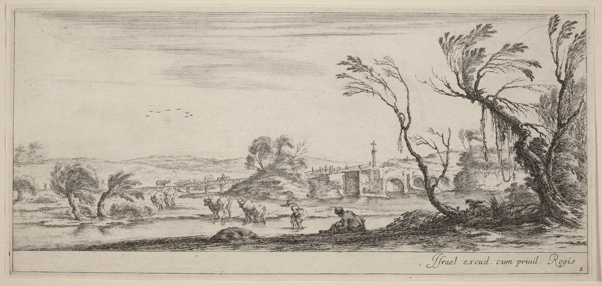 Landscape with Peasant Preparing to Cross a Stream by Stefano della Bella, print, 1647