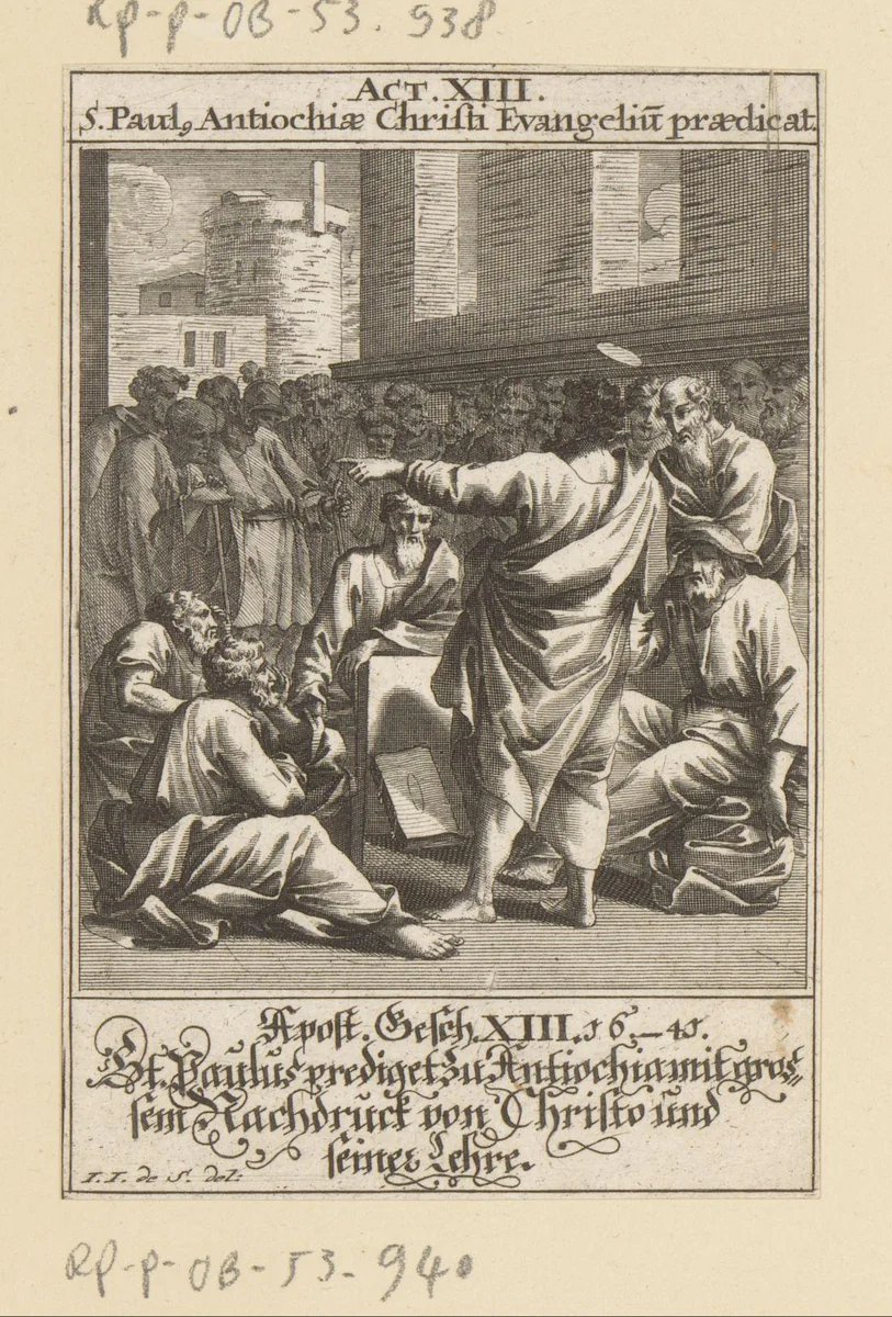 Apostel Paulus predikt in Antiochië het evangelie by anonymous, print, 1697