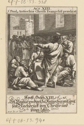Apostel Paulus predikt in Antiochië het evangelie by anonymous, print, 1697